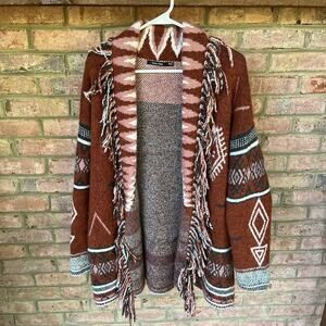 Doe & Rae Sweater Cardigan Womens Medium Red Aztec Waterfall Open Front Stretch